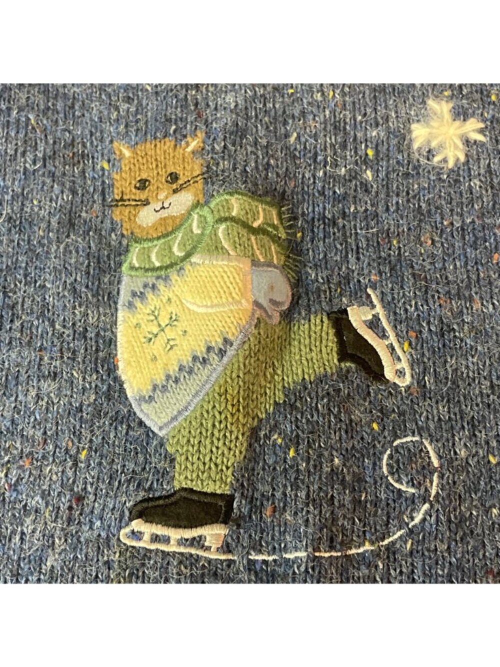 VTG Cat Ice Skate Wool Blend Sweater Sz LG Winter Embroidered Snow Cat Lady - Picture 4 of 6